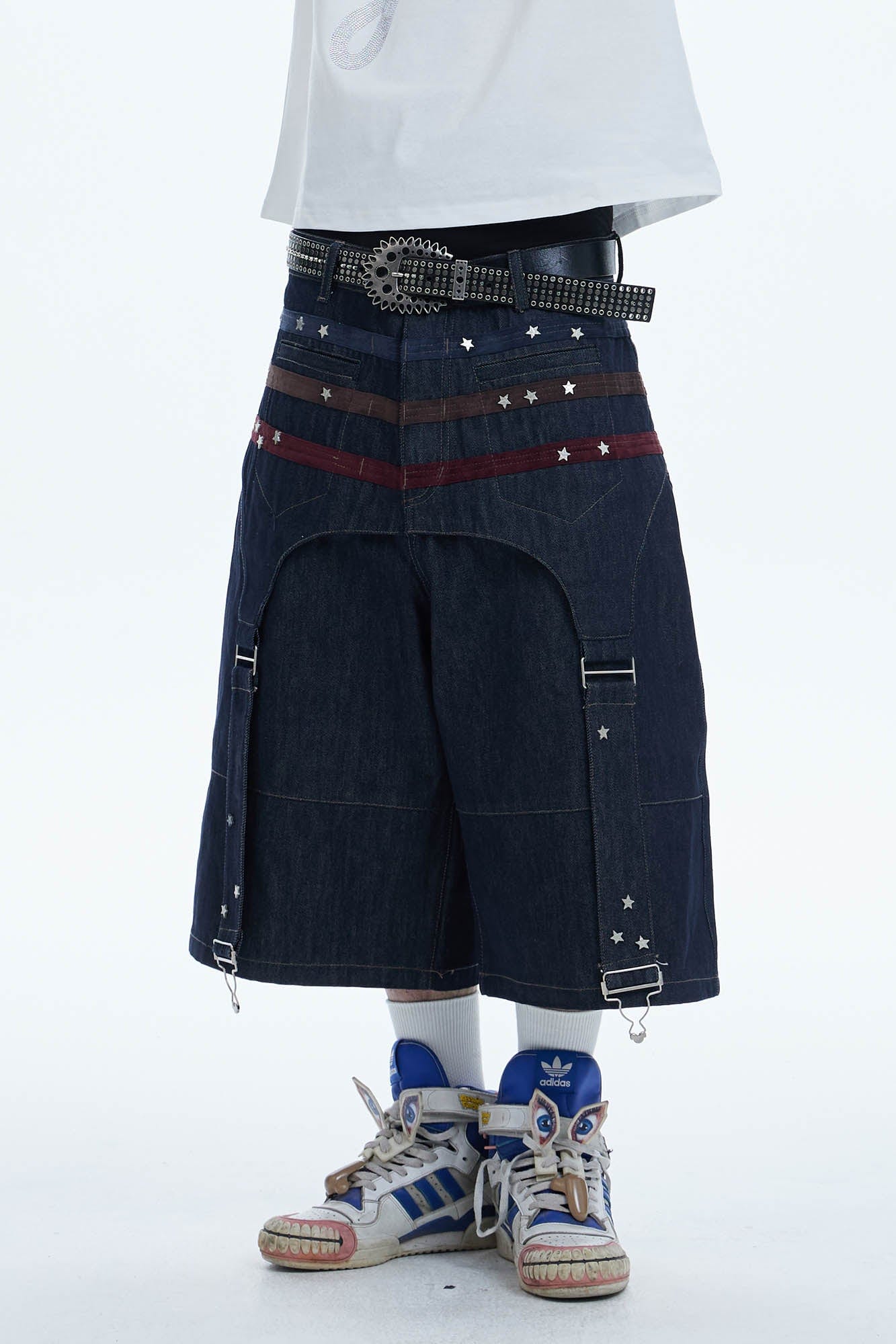 Star-Rivet Harness-Layered Denim Shorts