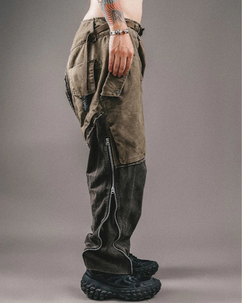 Wasteland Style Color-Blocked Drawstring Zipper Cargo Pants