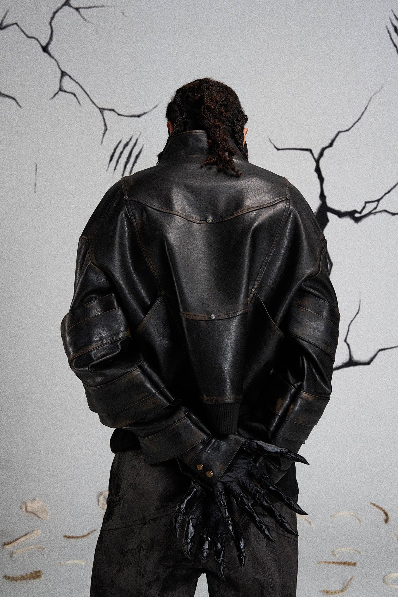 Mutation Layered Armor Spliced Faux Leather Jacket Black