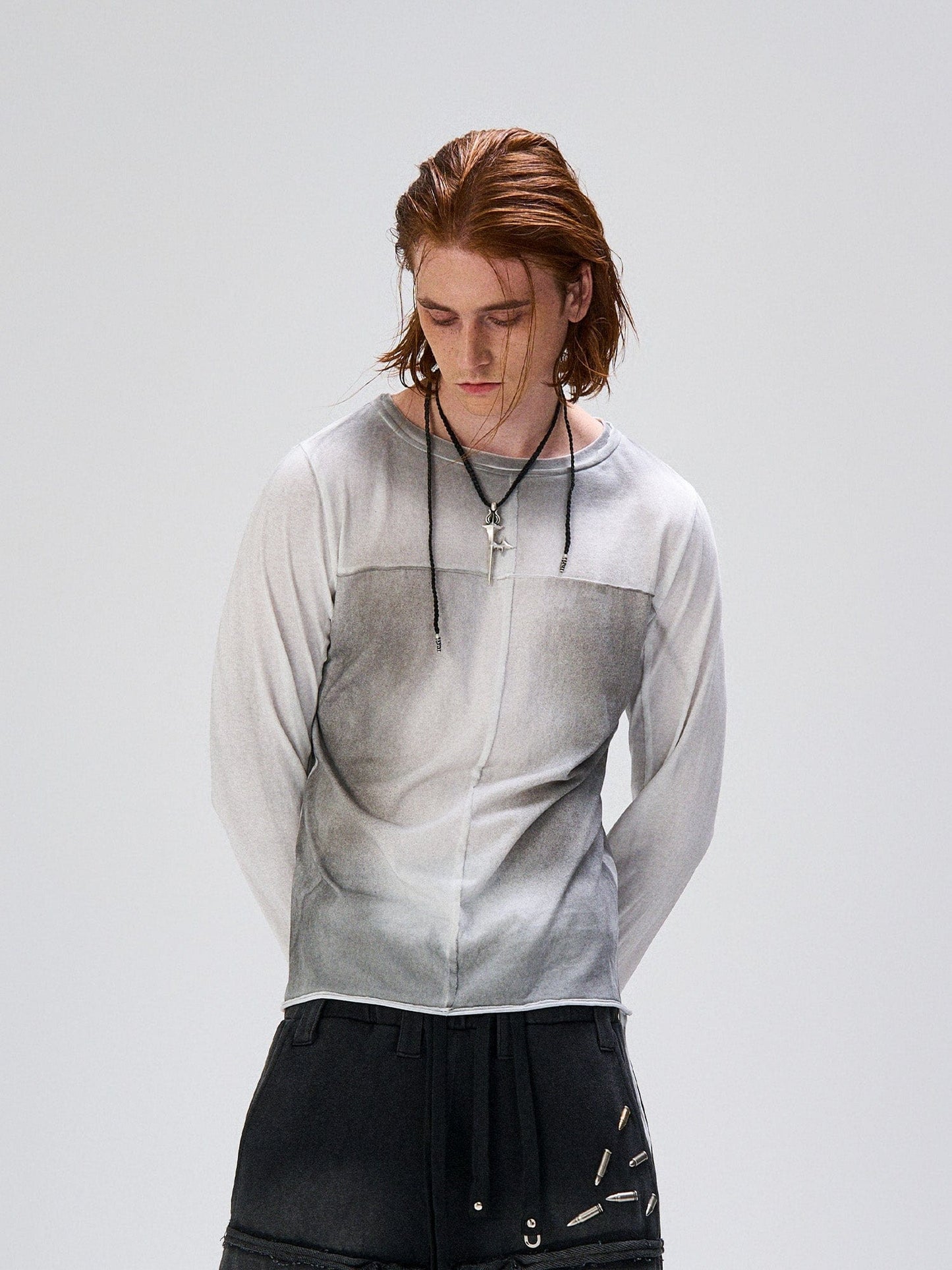 Washed Gradient Cross-Panel Raw-Edge Long-Sleeve Tee