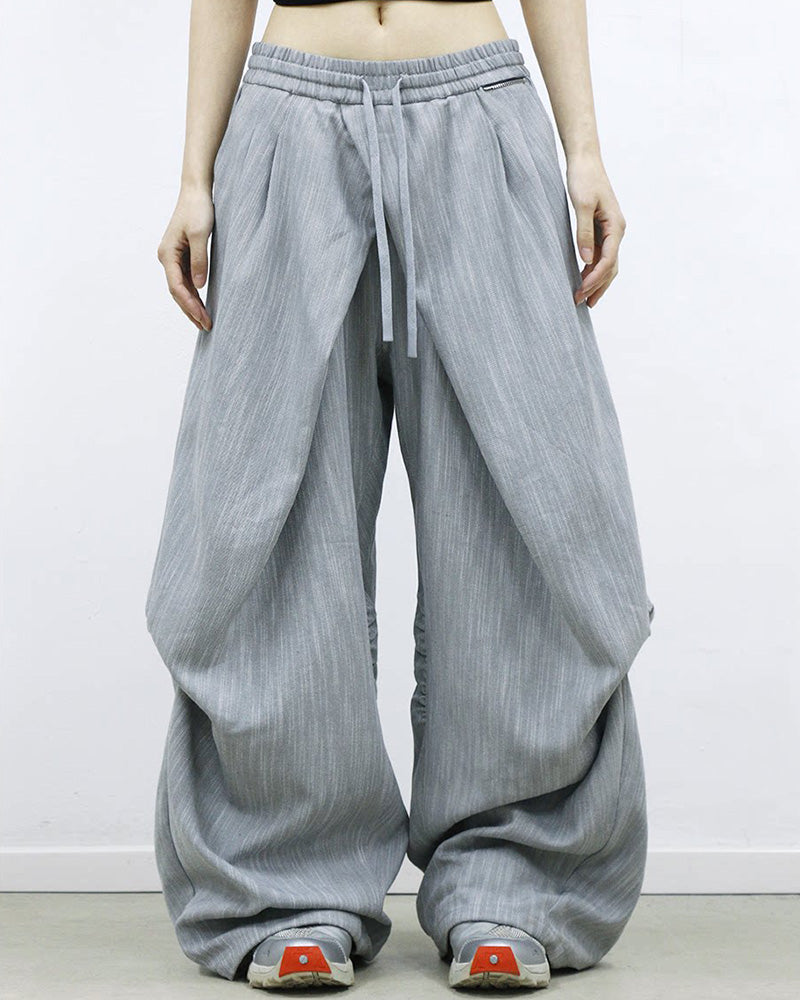 Crinkled Drawstring Oversized Pants Gray