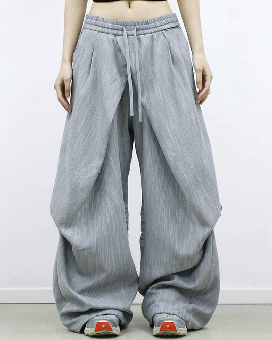 Crinkled Drawstring Oversized Pants Gray