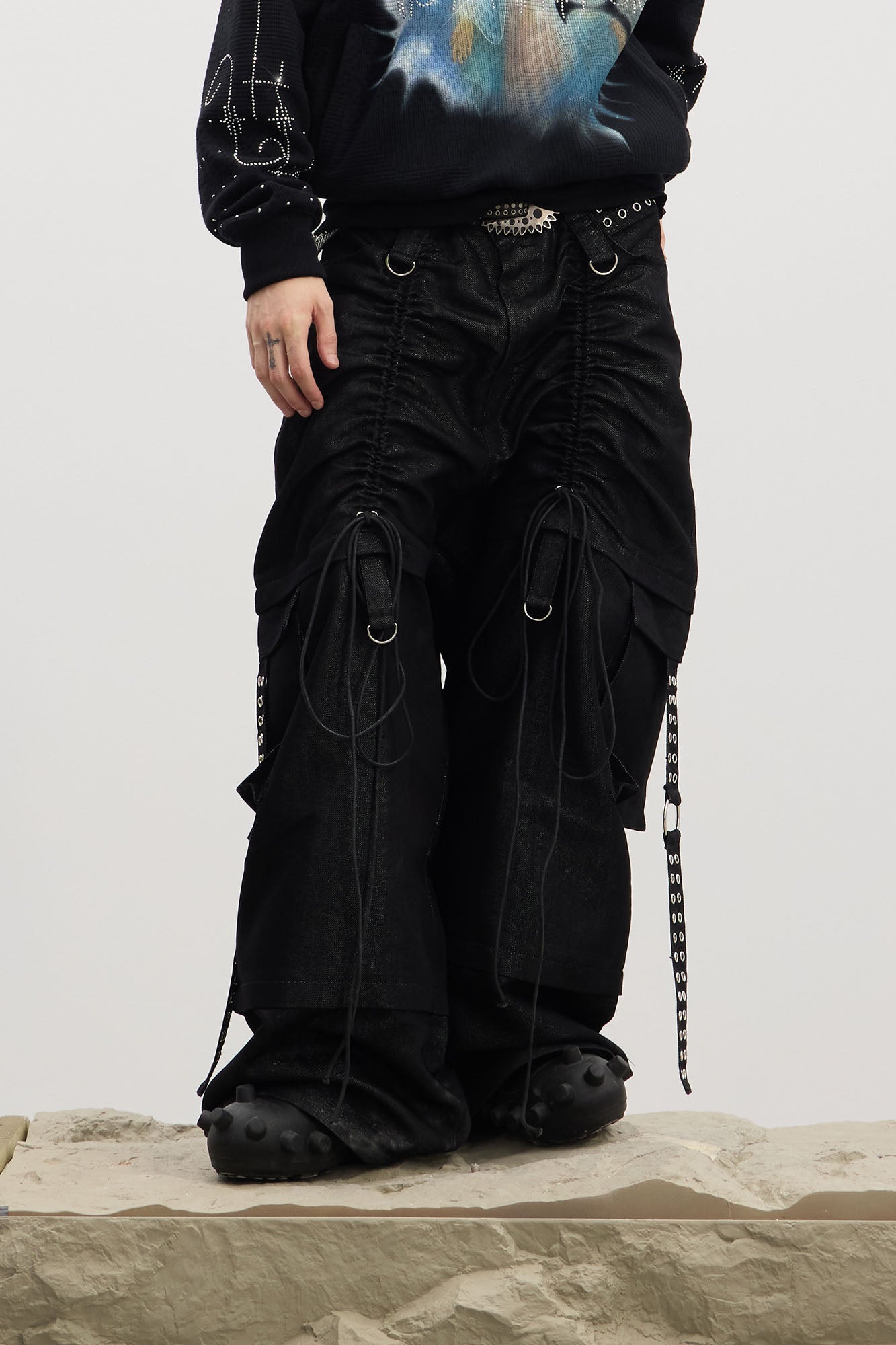 Drawstring Ruched Coated Cargo Jeans