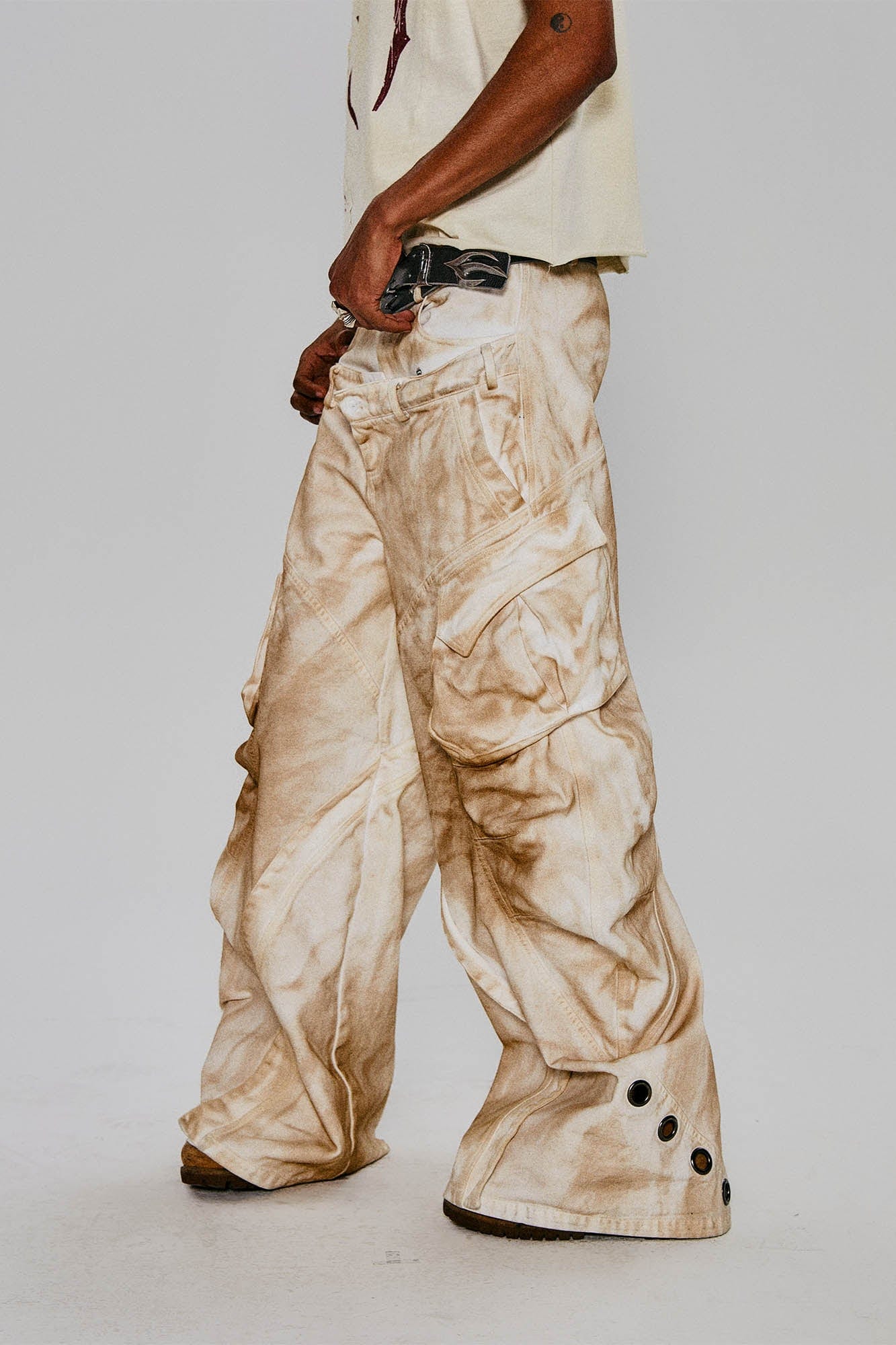 Rusted Double-Waist Multi-Pocket Curved-Leg Cargo