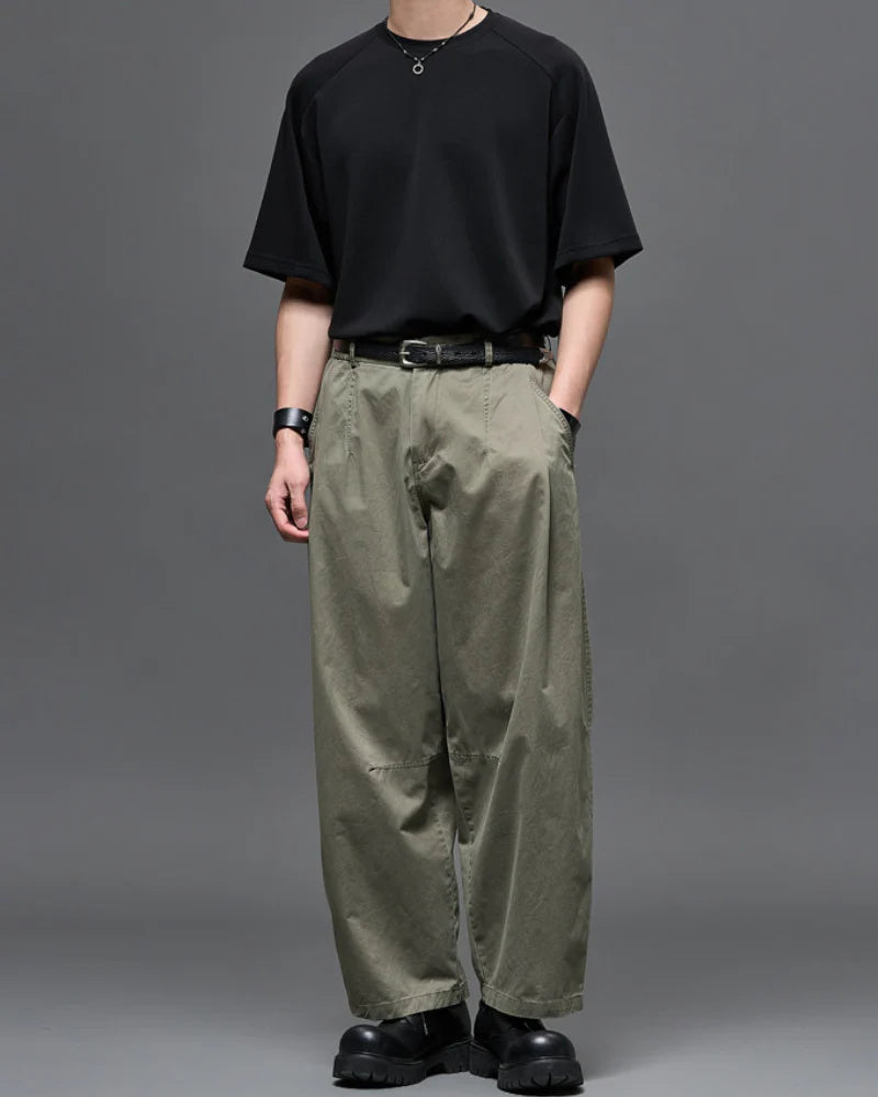 Washed Cotton Japanese Loose Men's Straight Pants