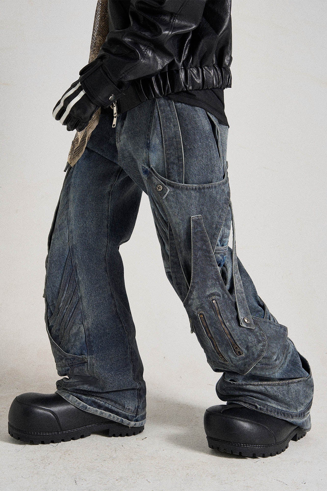 Deconstructed Multi-Strap Wide-Leg Jeans