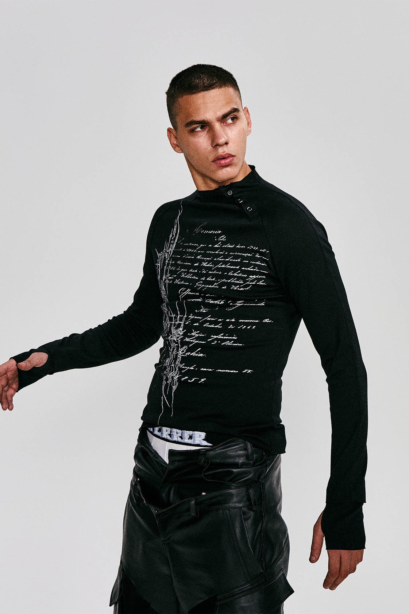 Gothic Script Graphic Asymmetrical Button Long-Sleeve Tee