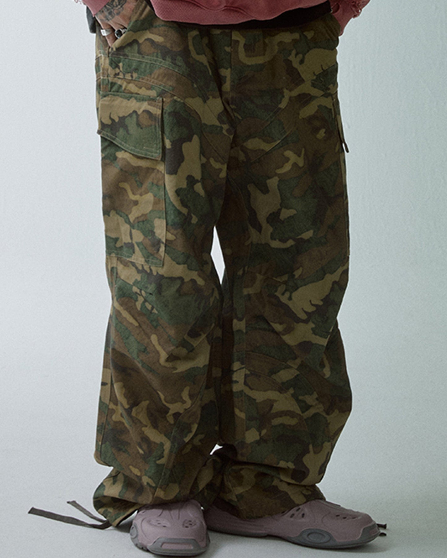 Wide-Leg Draw-String Camo Cargo Pants