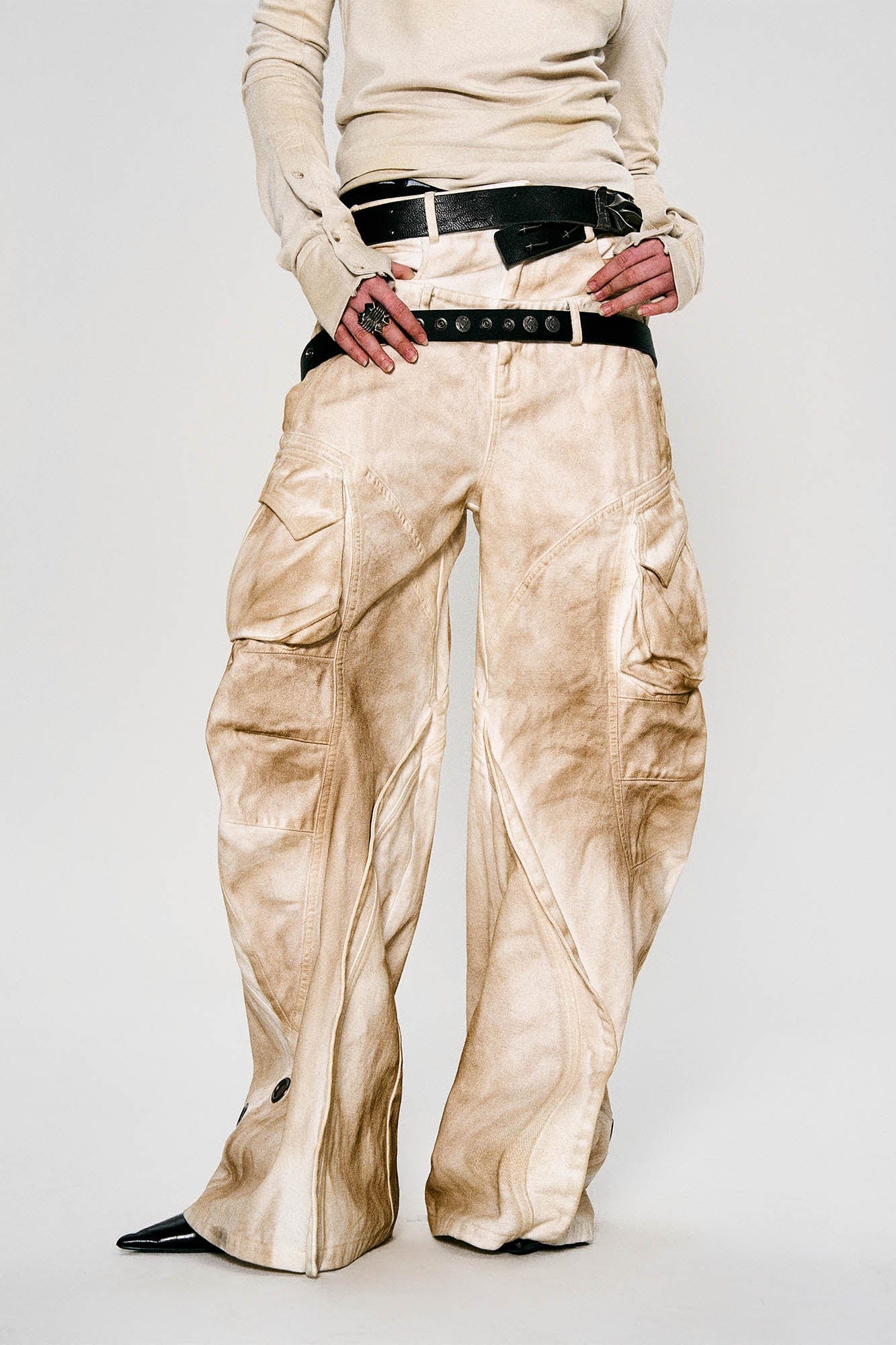 Rusted Double-Waist Multi-Pocket Curved-Leg Cargo