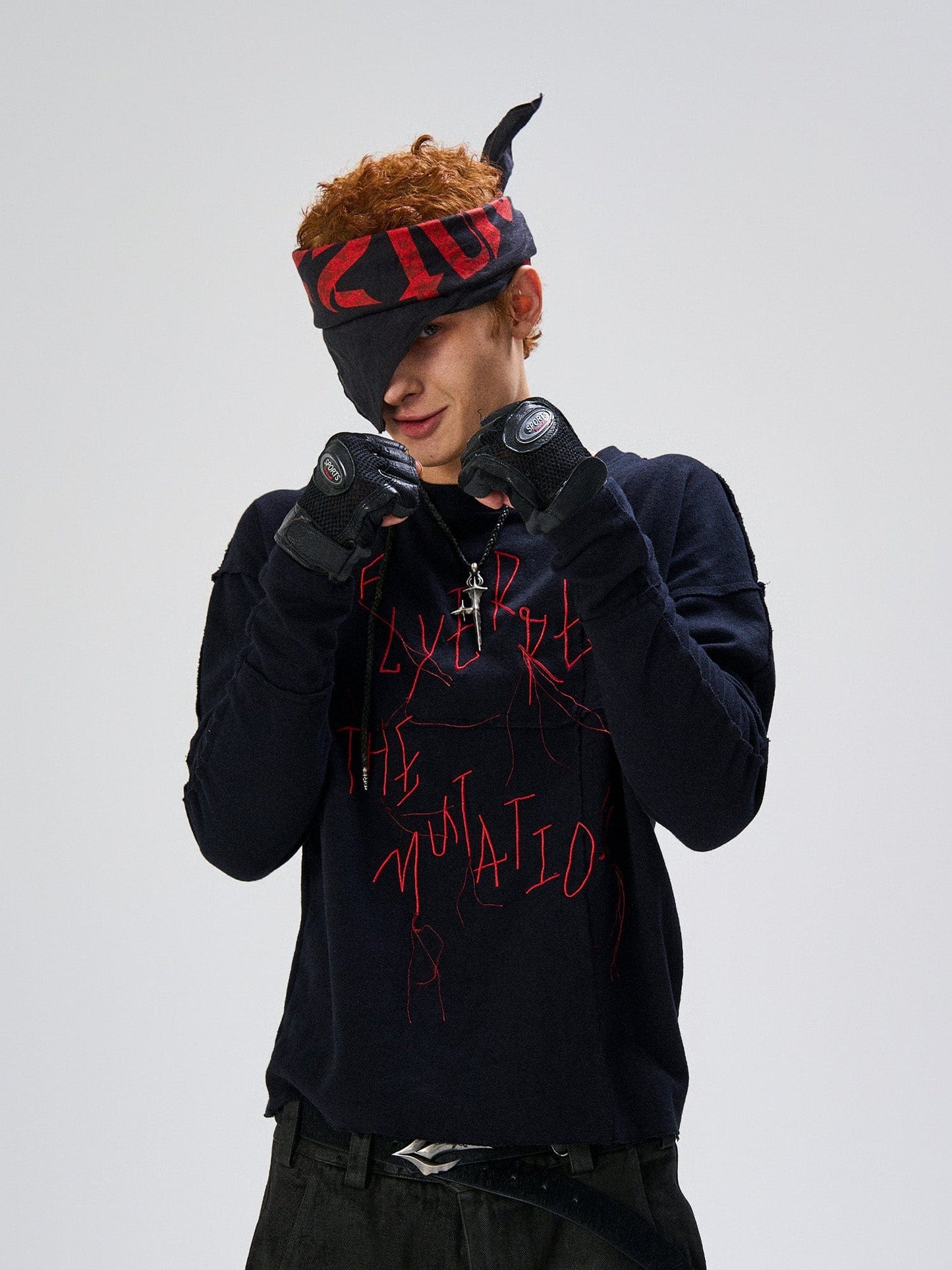 Cross-Panel Contrast Frayed Embroidered Long-Sleeve Tee