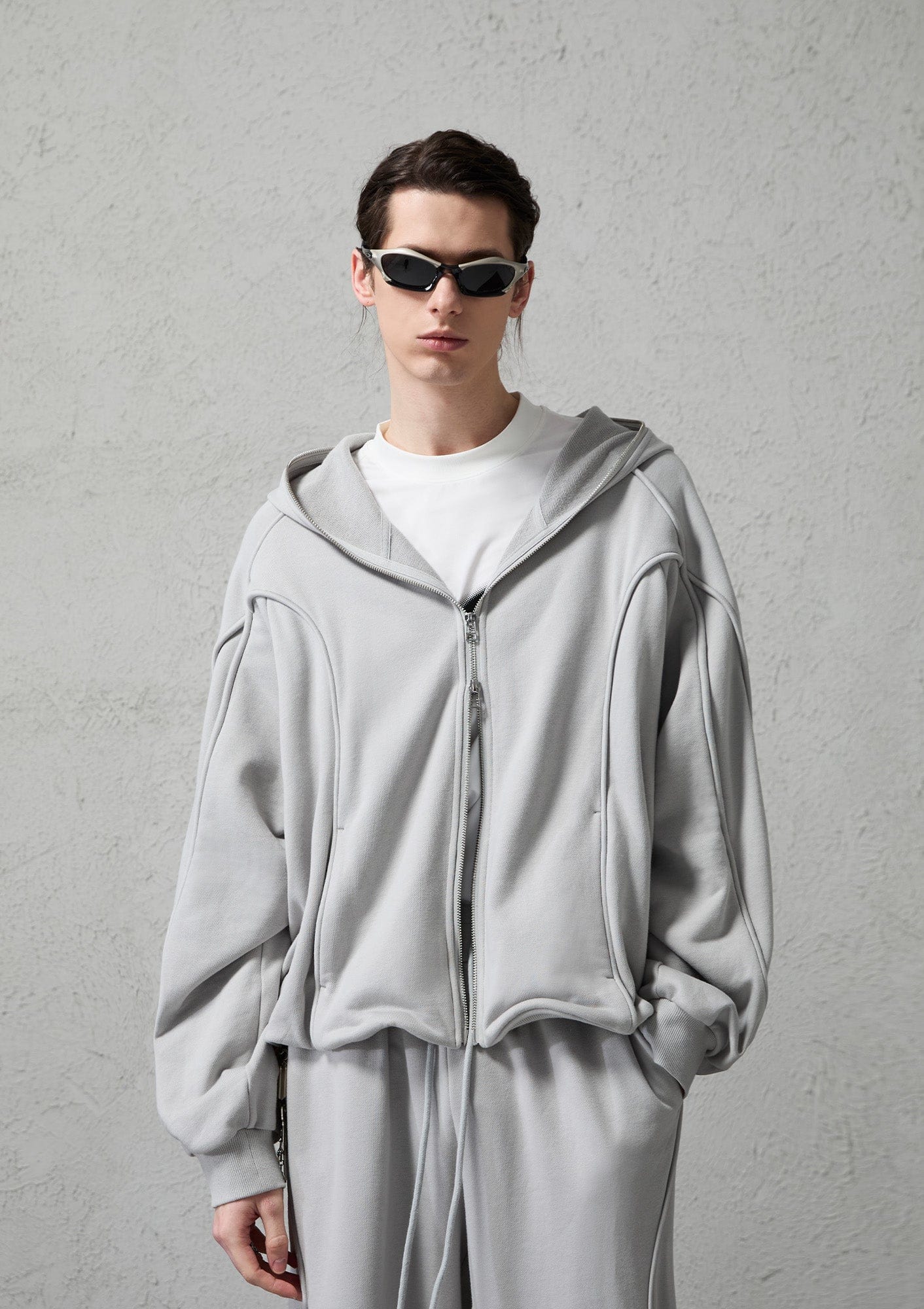 Curved Panel Drawstring-Hem Zip-Up Hoodie