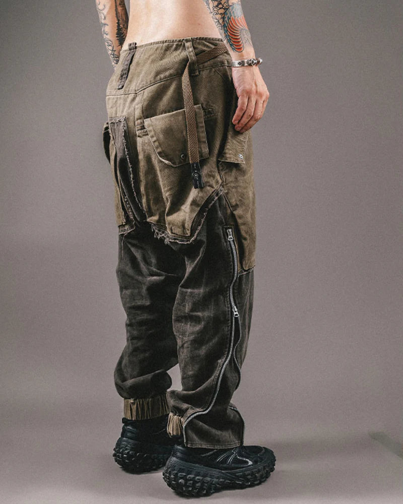Wasteland Style Color-Blocked Drawstring Zipper Cargo Pants