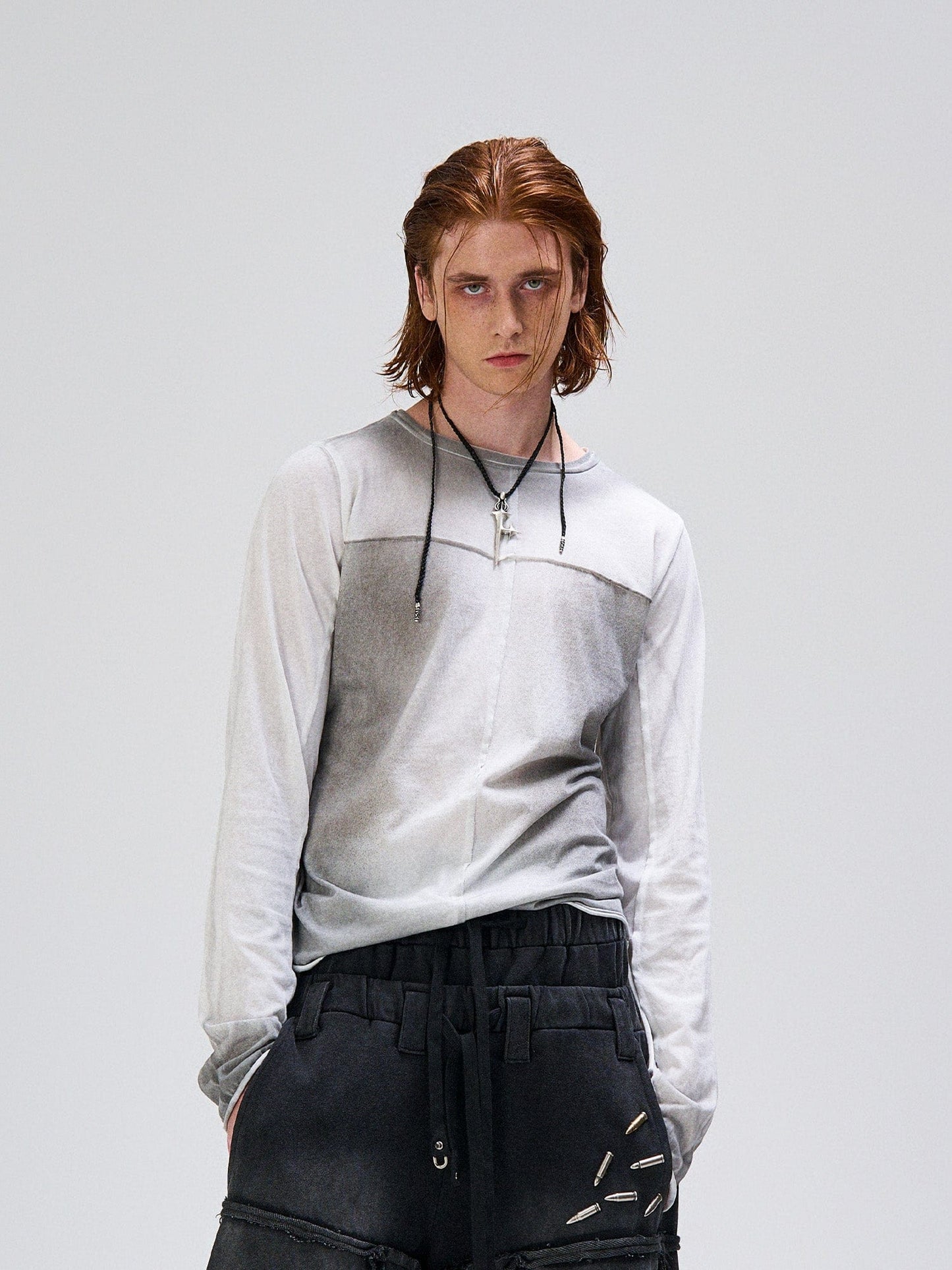 Washed Gradient Cross-Panel Raw-Edge Long-Sleeve Tee