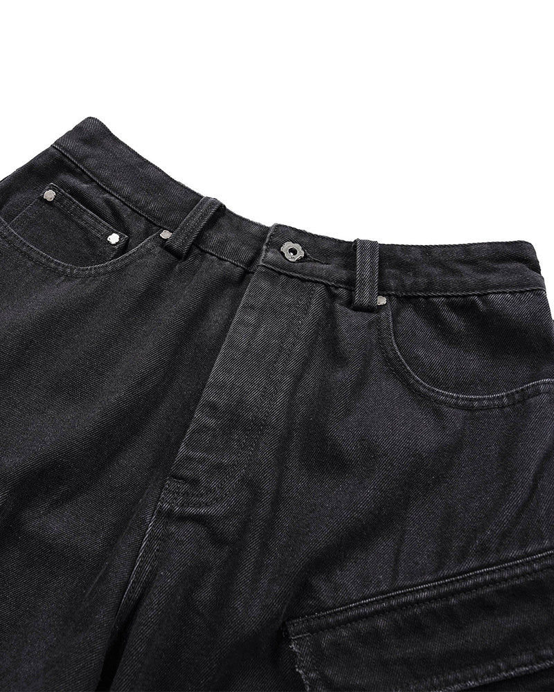 Layered-Pocket Distressed Denim Shorts