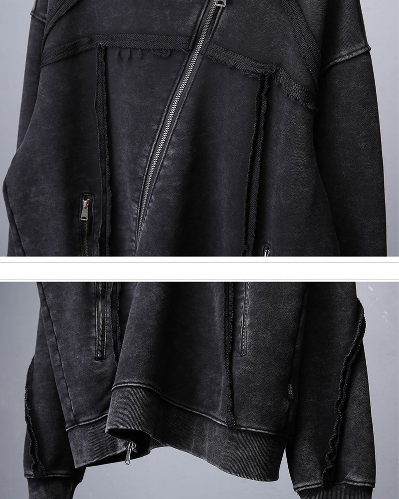 Washed Distressed Asymmetric Zip Techwear Hoodie