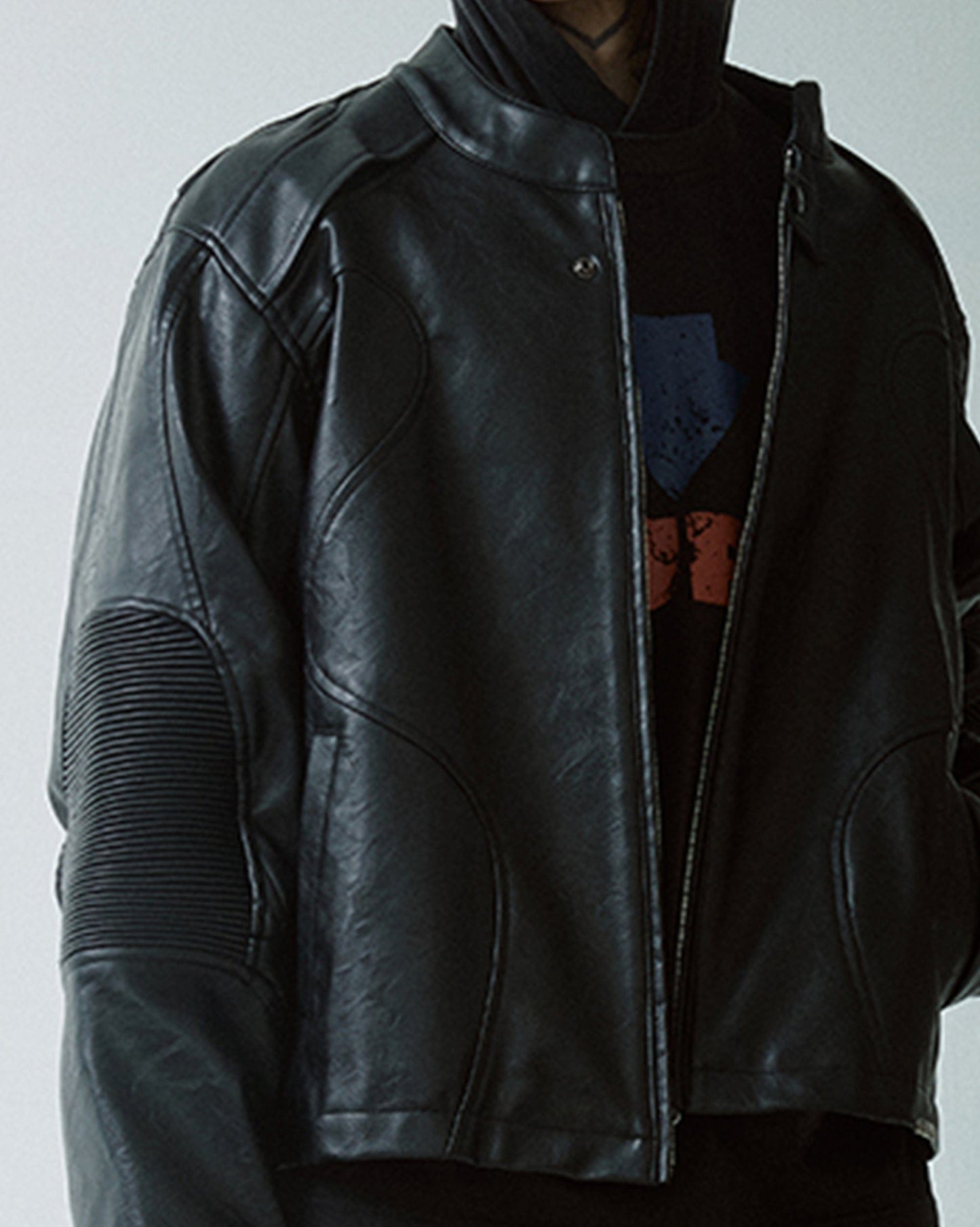 Modern Deconstructed Faux Leather Biker Jacket Black