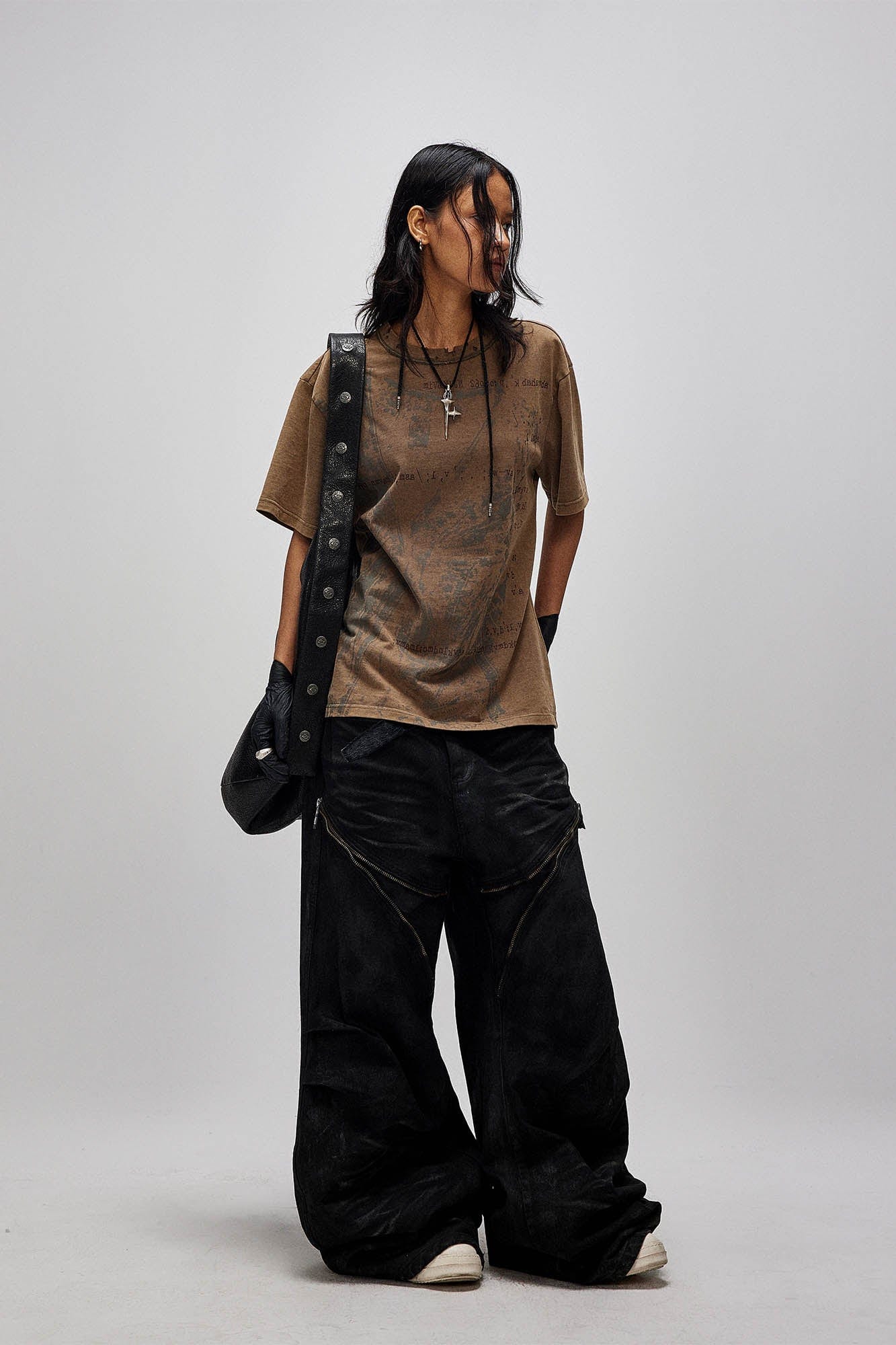 Distressed Waxed Zipper-Paneled Scimitar Pants