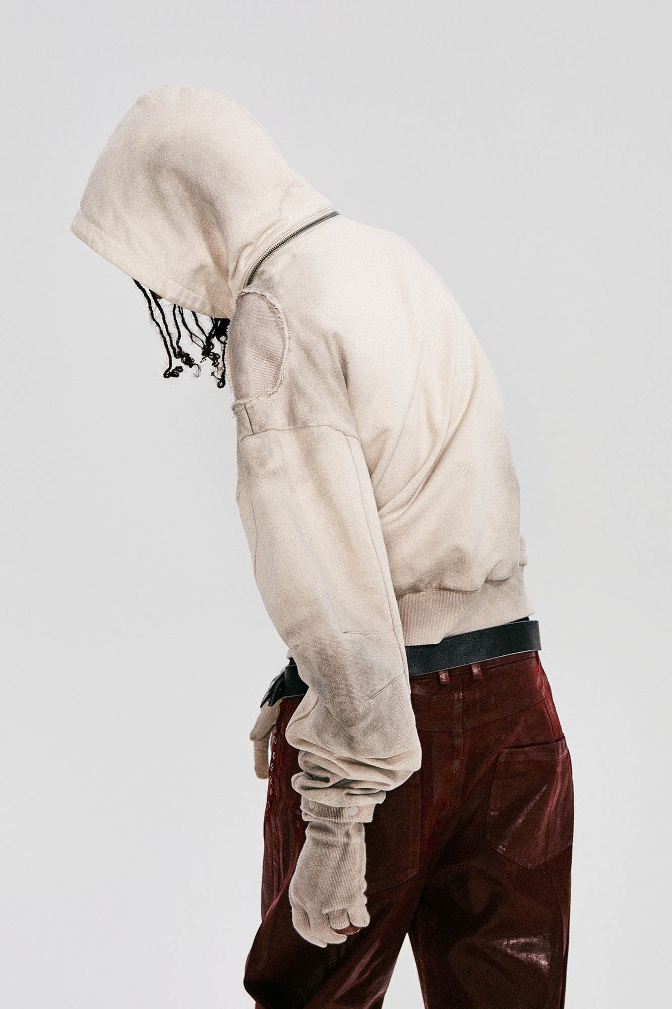 Distressed Detachable-Hood Glove-Sleeve Hoodie