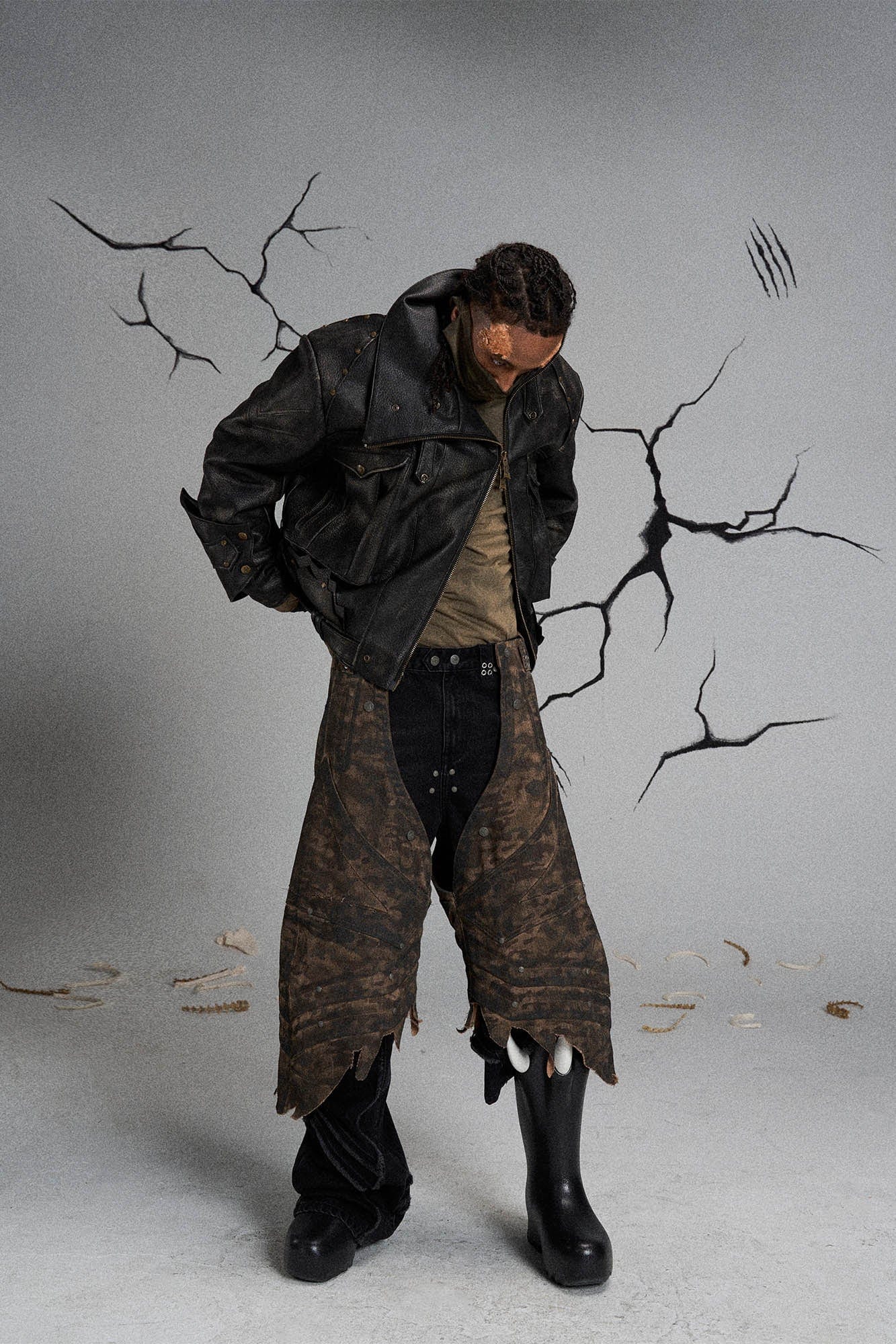 Mutation Knight Armor Distressed High-Collar Faux Leather Jacket