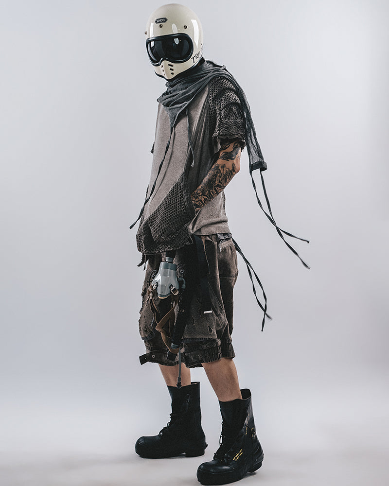 Post-Apocalyptic Distressed Mesh-Panel Shorts