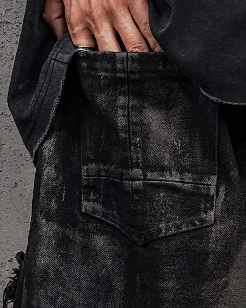 Double-Layered Ripped Camo Shorts Black