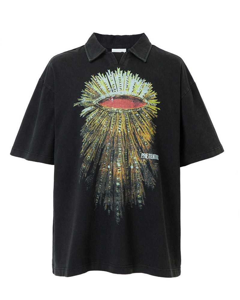 Washed Vintage Radiant Eye Print Polo T-Shirt
