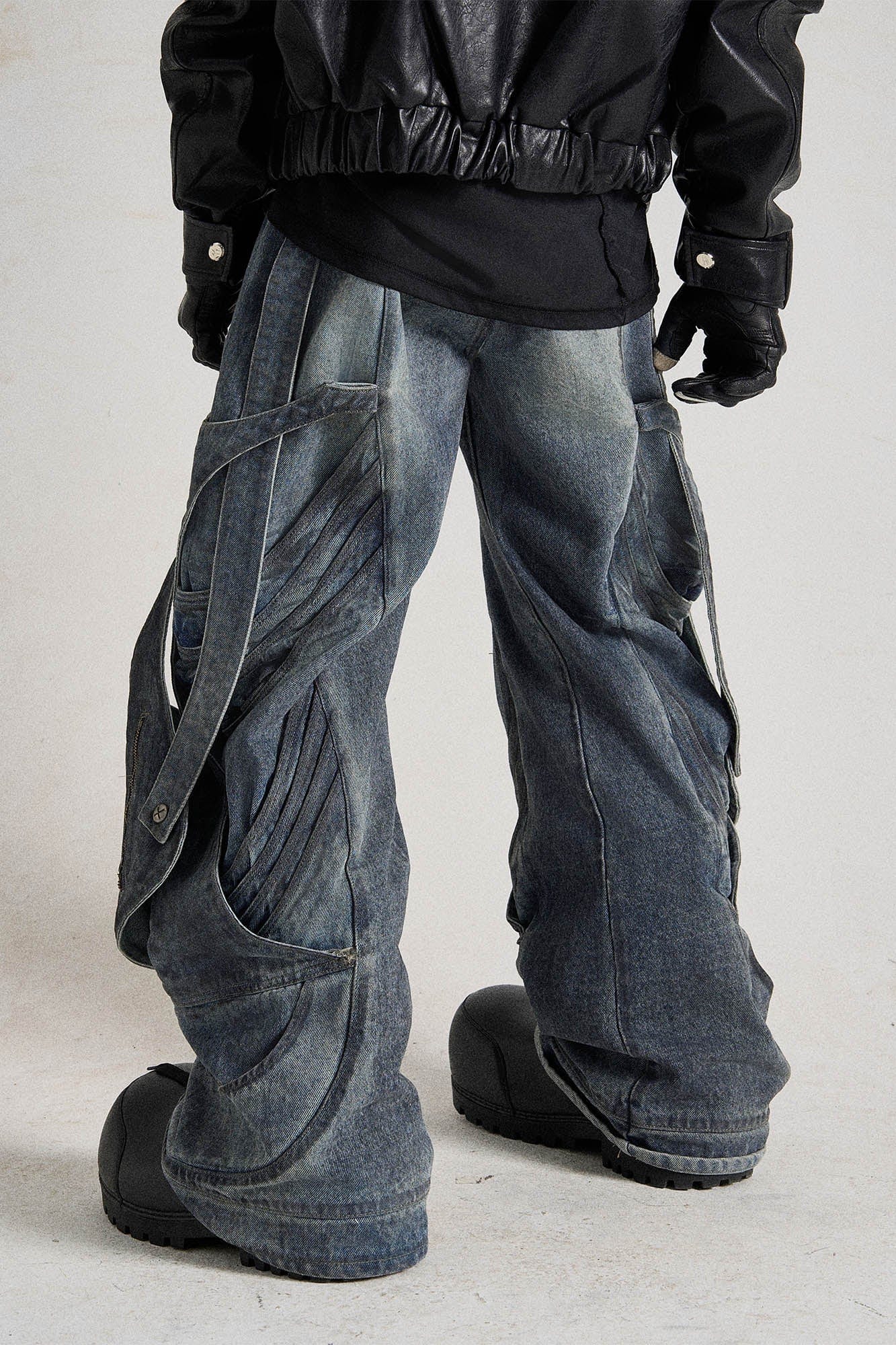 Deconstructed Multi-Strap Wide-Leg Jeans