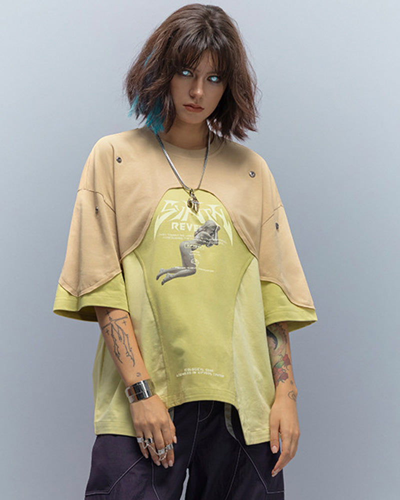 Cyberpunk Outfits Cool Touch Patchwork Print T-Shirt