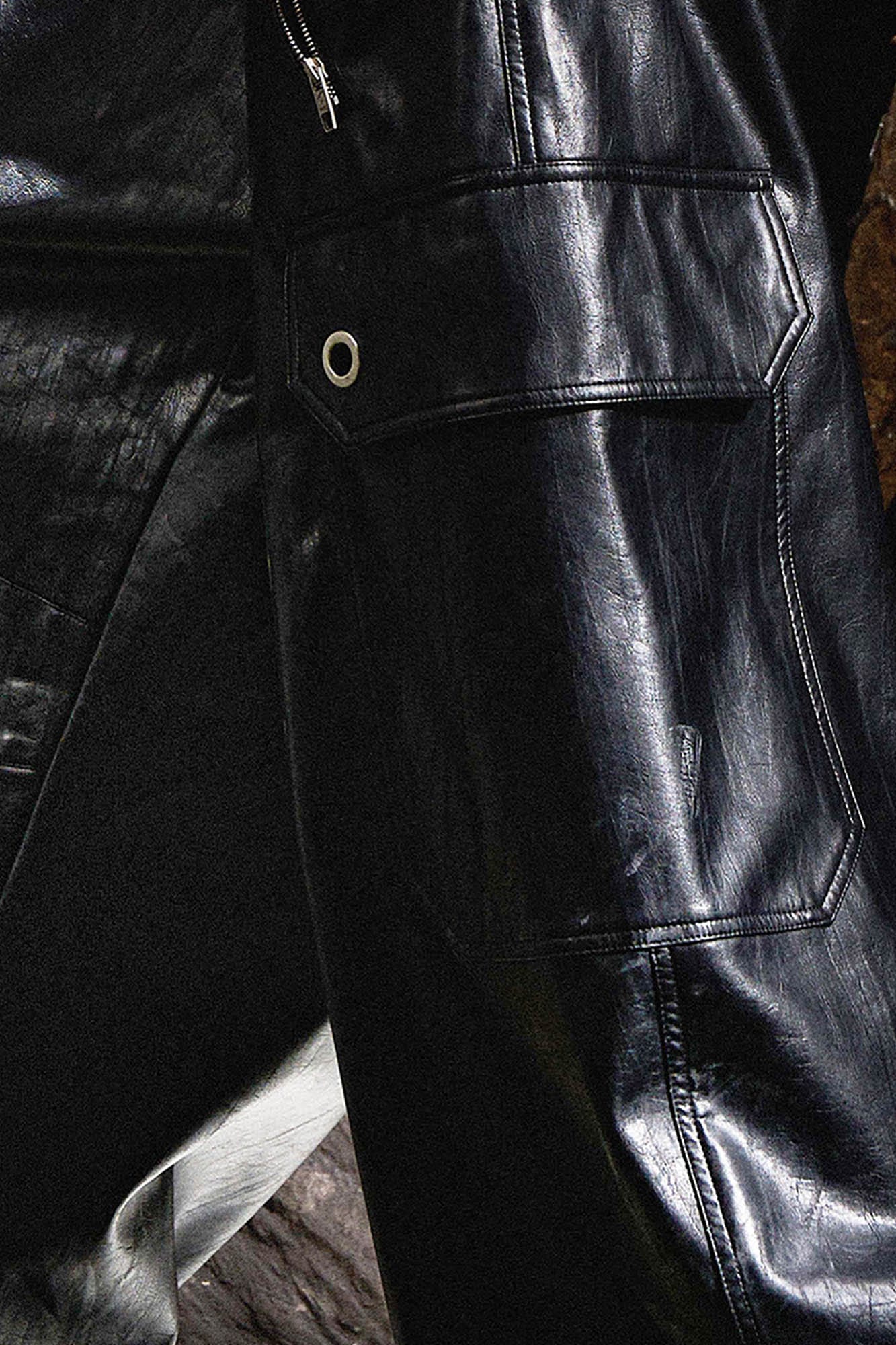 Multi-Pocket Pleated Faux Leather Wide-Leg Pants