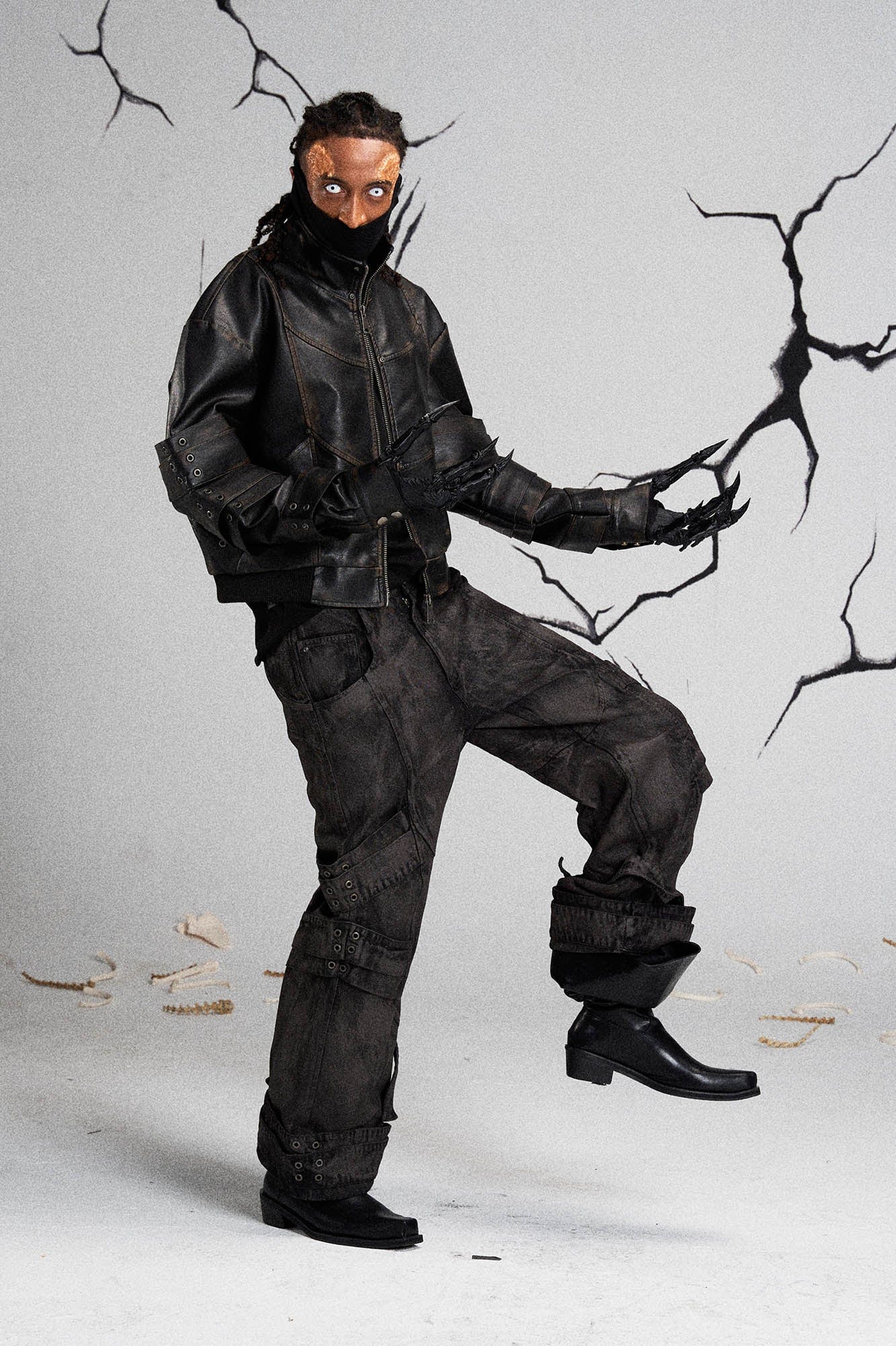 Mutation Layered Armor Spliced Faux Leather Jacket Black
