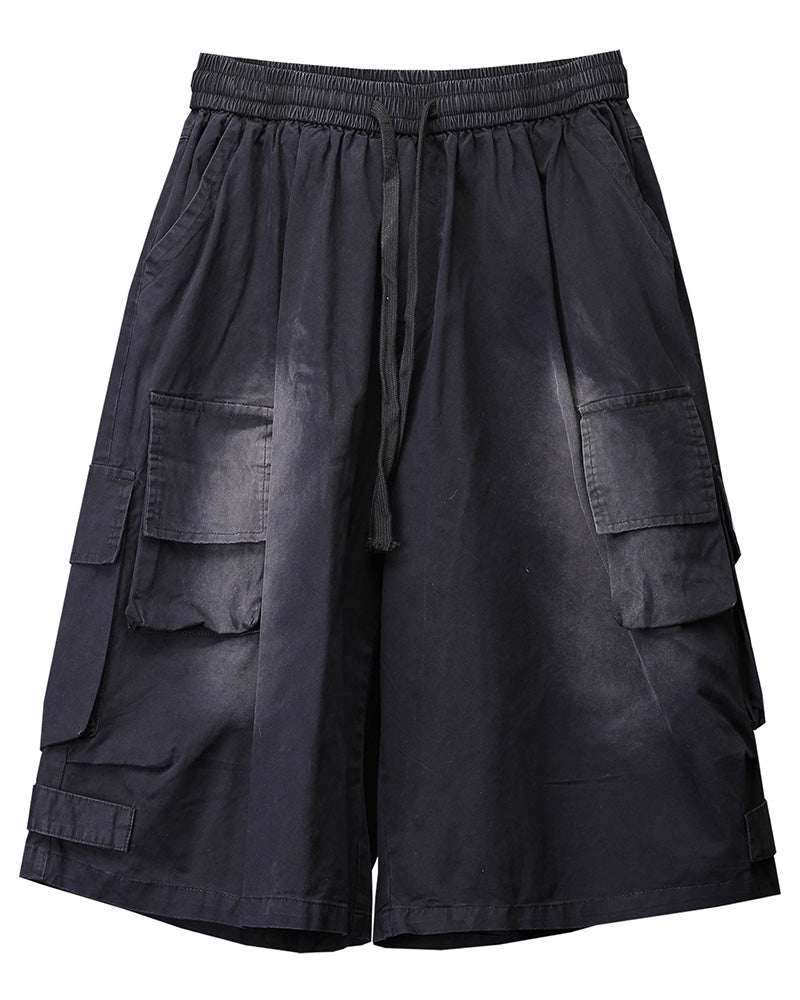 Techwear Distressed Wide-Leg Cargo Shorts