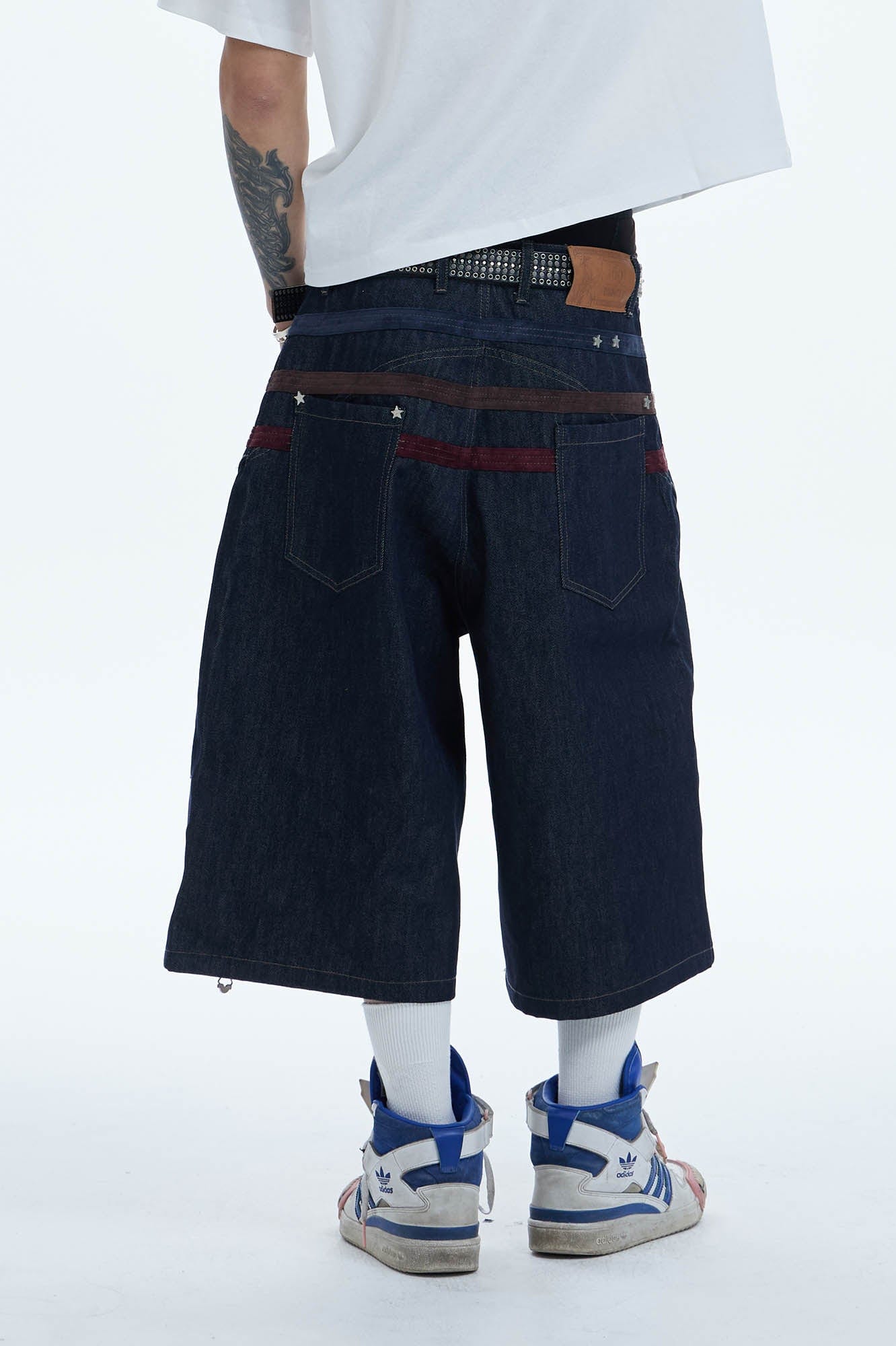 Star-Rivet Harness-Layered Denim Shorts