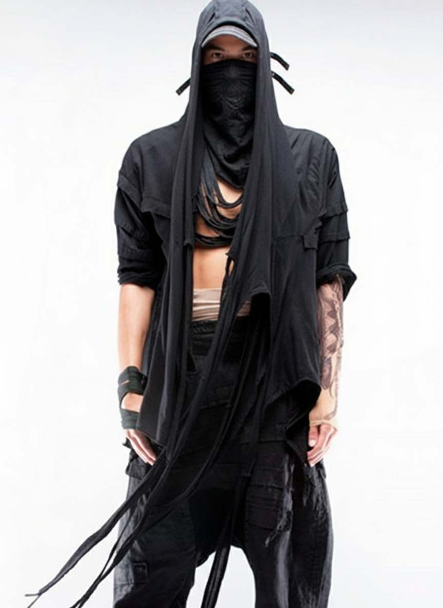 Wasteland Asymmetric Fringed Hooded T-Shirt