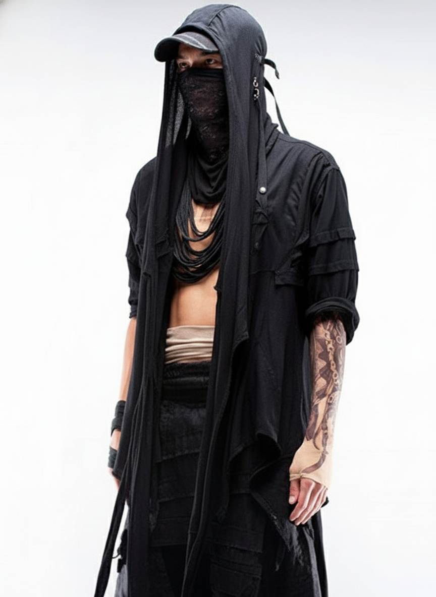 Wasteland Asymmetric Fringed Hooded T-Shirt