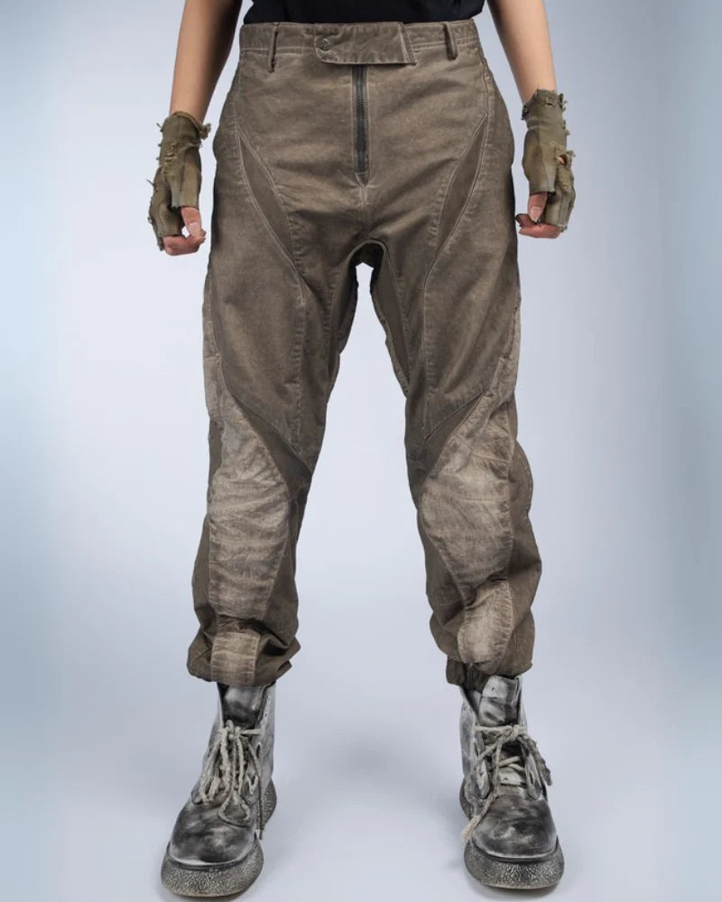 Post-Apocalyptic Wear Distressed Washed Patchwork Slim Cargo Pants