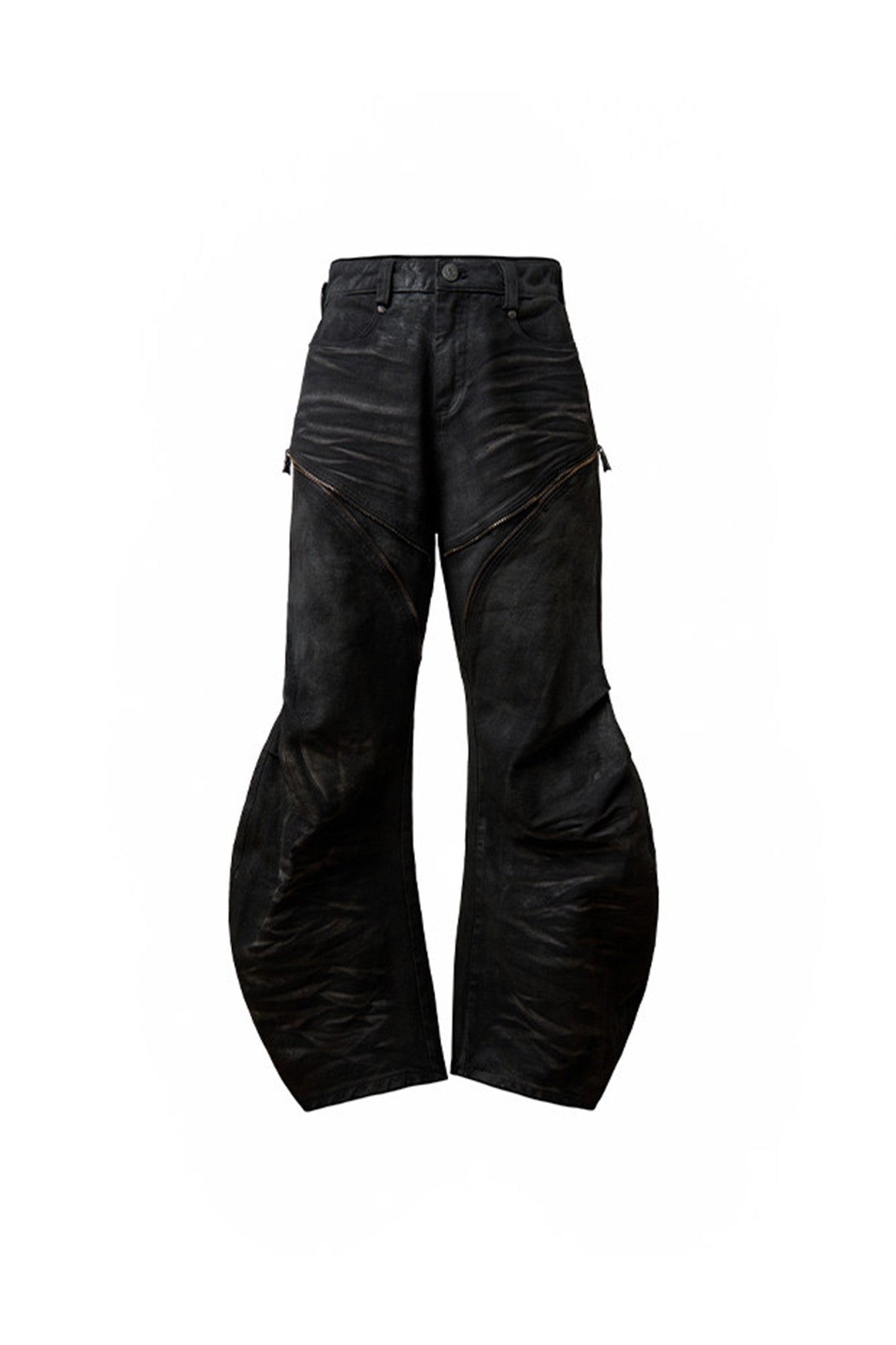 Distressed Waxed Zipper-Paneled Scimitar Pants