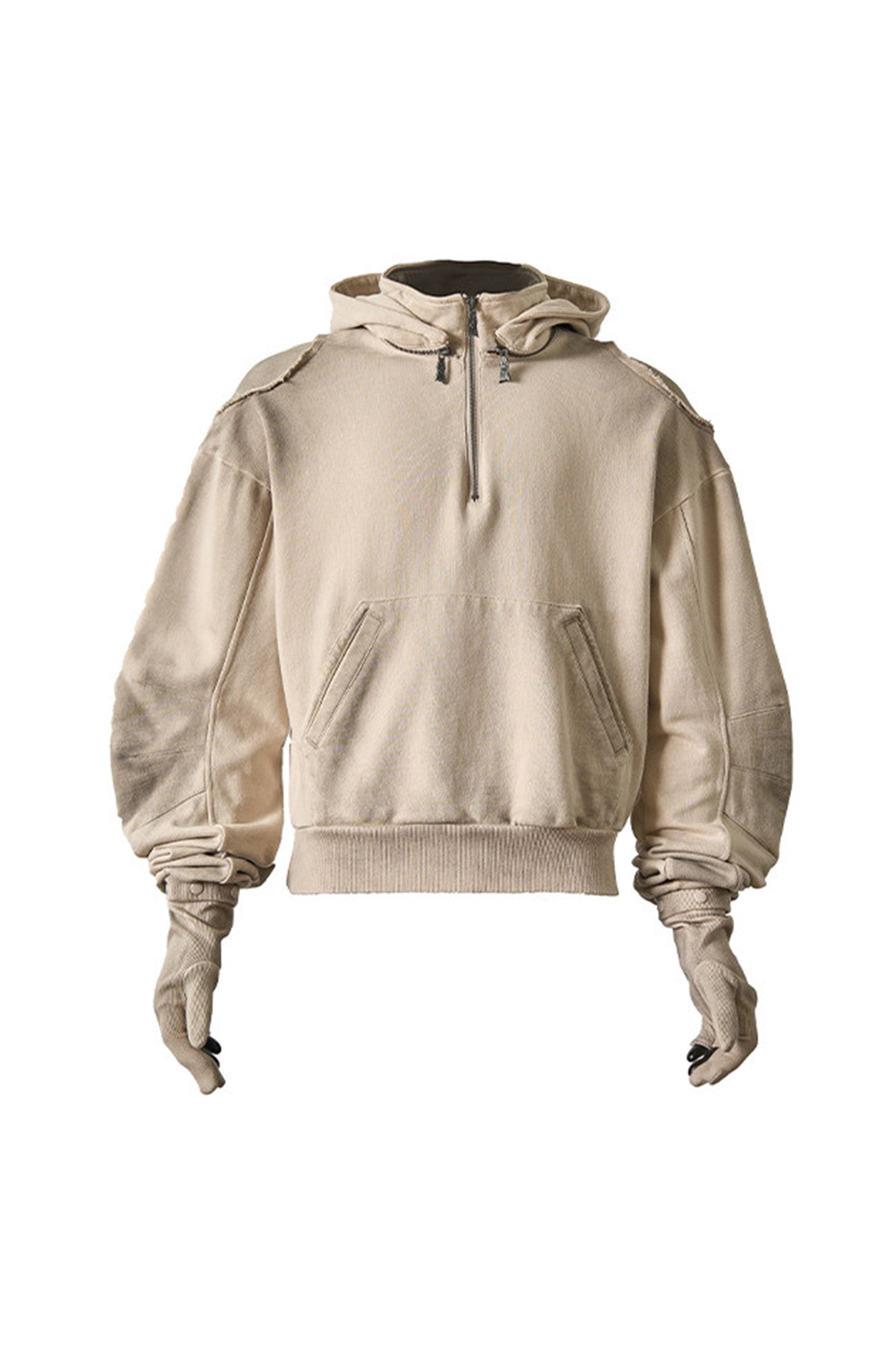 Distressed Detachable-Hood Glove-Sleeve Hoodie