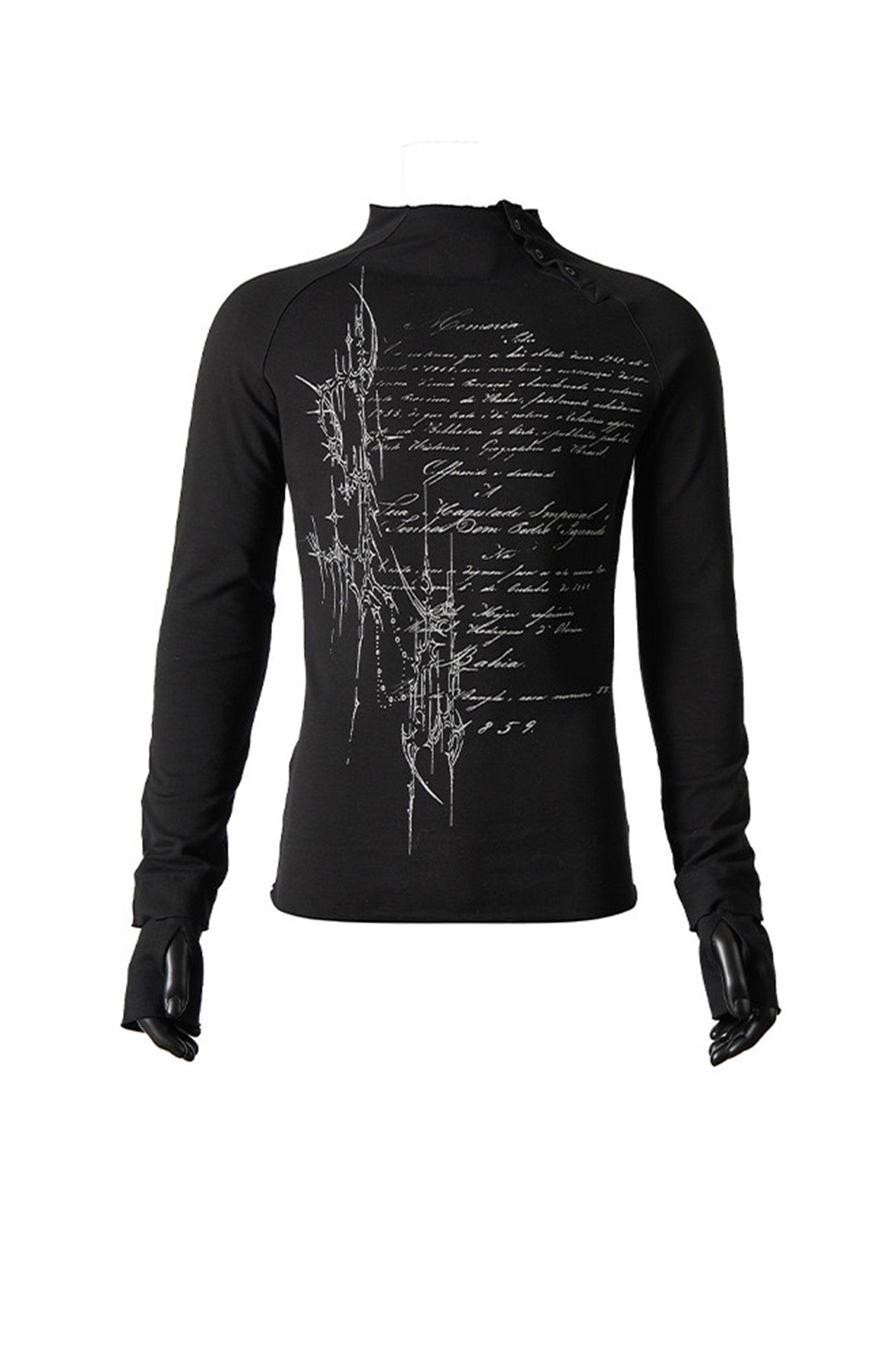 Gothic Script Graphic Asymmetrical Button Long-Sleeve Tee