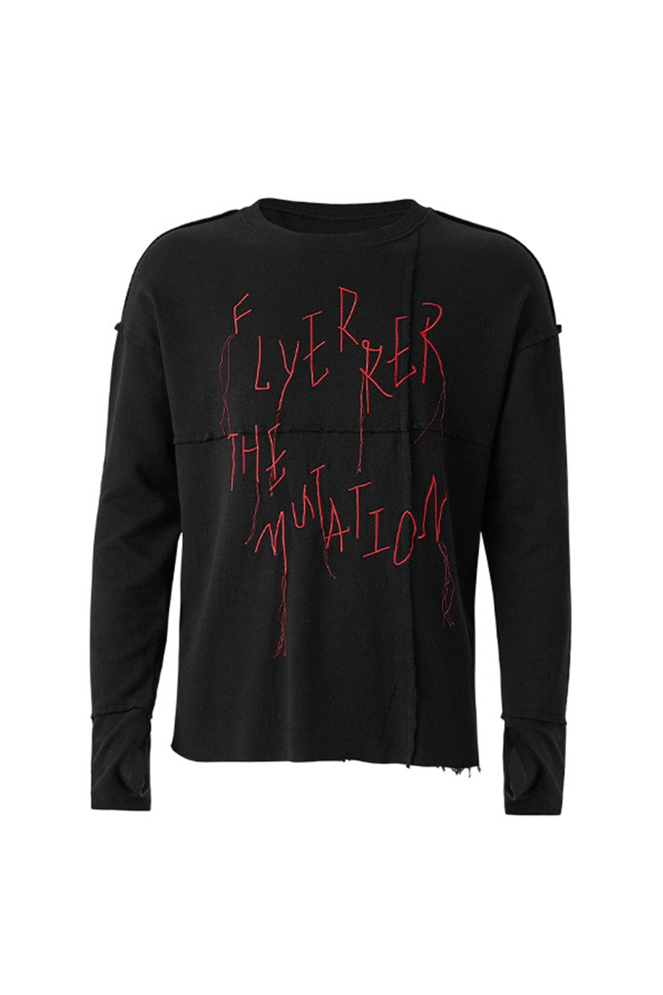 Cross-Panel Contrast Frayed Embroidered Long-Sleeve Tee