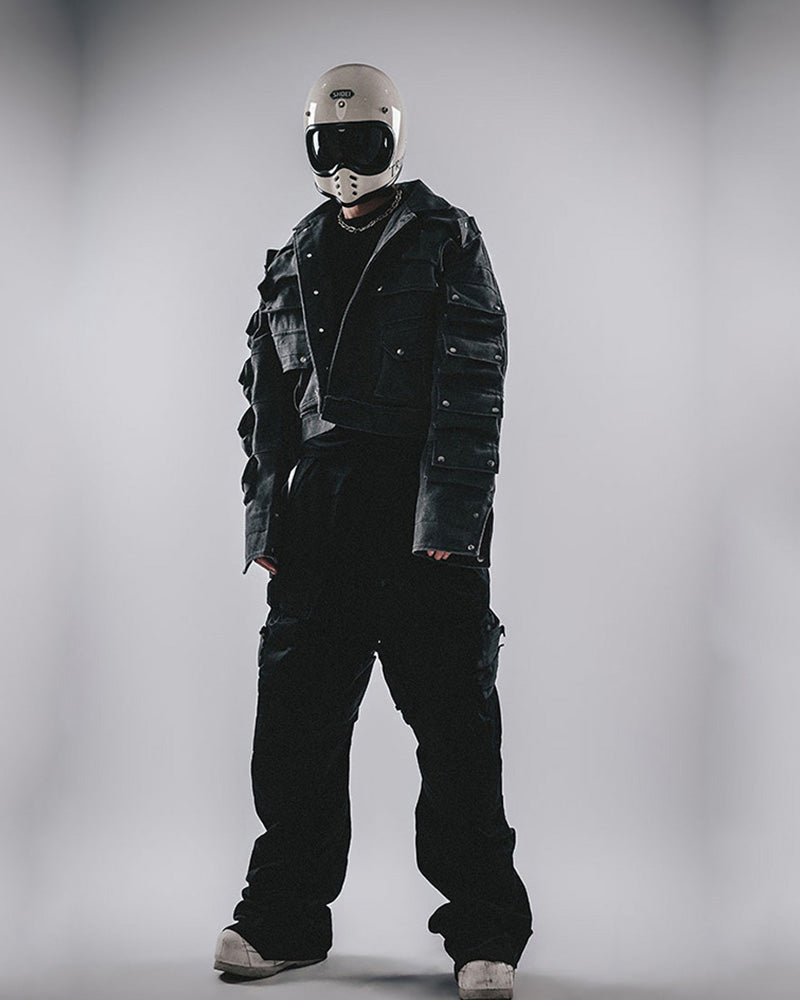 Dystopian Modular Multi-Pocket Armored Denim Jacket