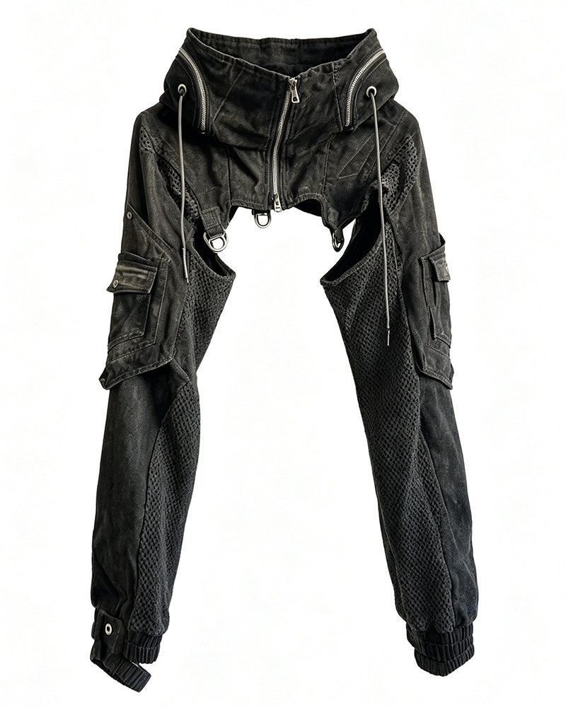 Post-Apocalyptic Hooded Mesh Color-Block Cape Jacket