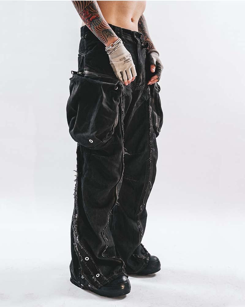 Wide-Leg Adjustable Raw-Edge Hunter Pants