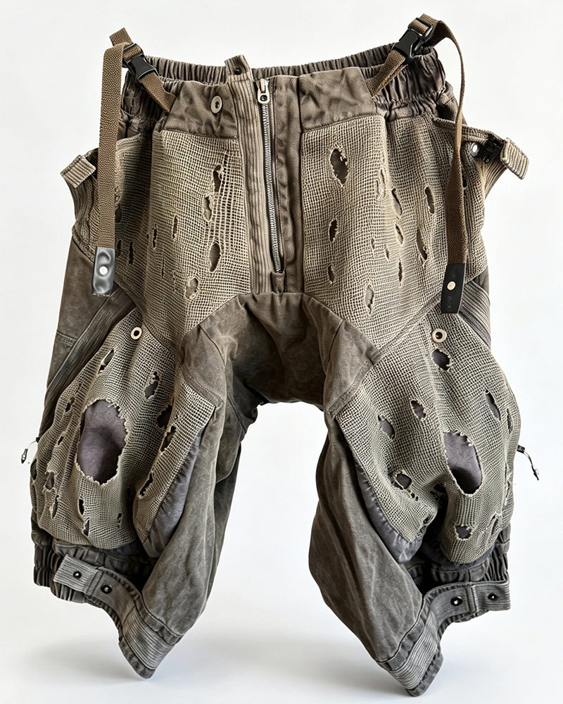 Post-Apocalyptic Distressed Mesh-Panel Shorts