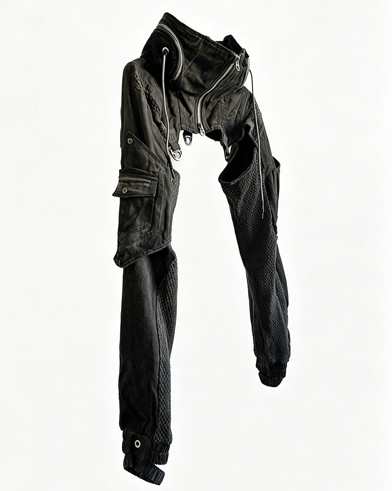 Post-Apocalyptic Hooded Mesh Color-Block Cape Jacket