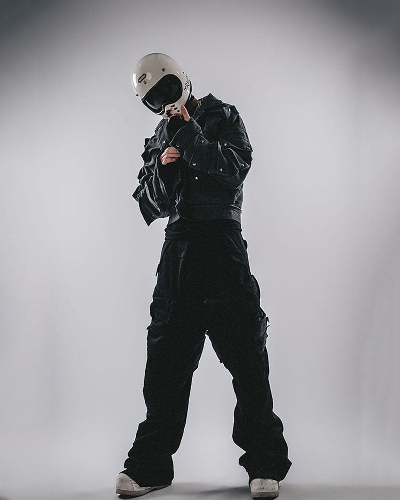 Dystopian Modular Multi-Pocket Armored Denim Jacket