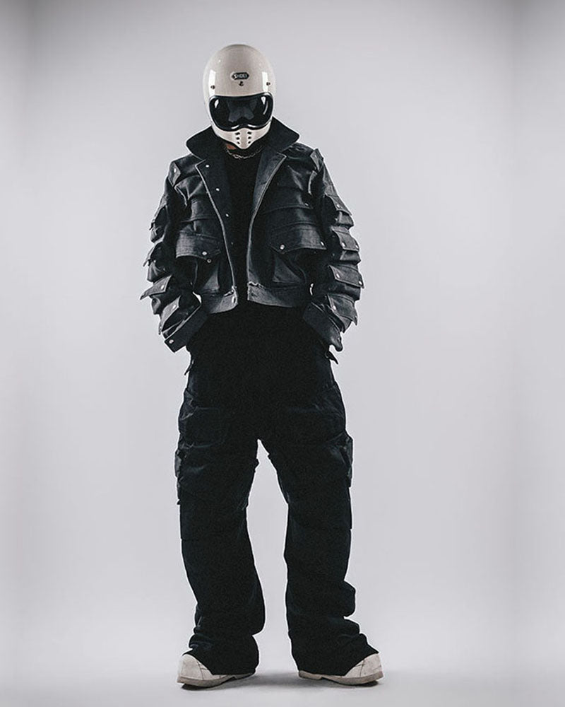 Dystopian Modular Multi-Pocket Armored Denim Jacket