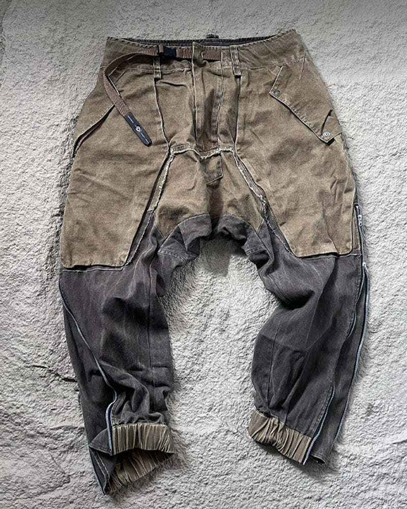 Wasteland Style Color-Blocked Drawstring Zipper Cargo Pants
