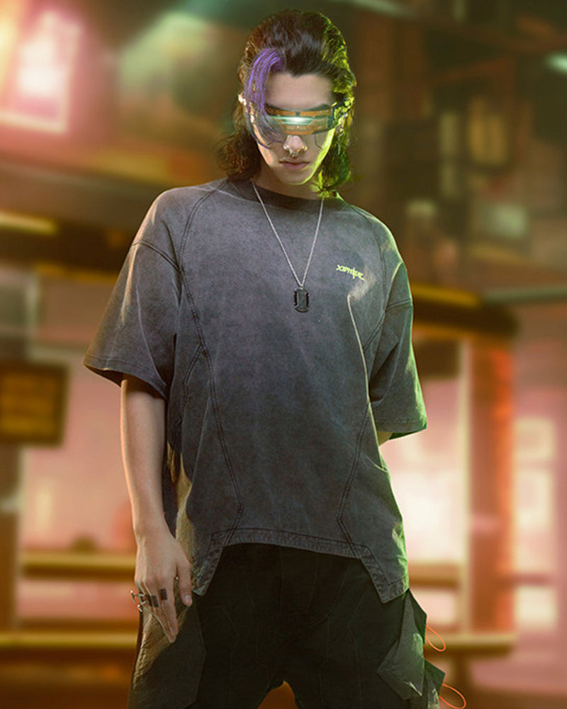 Cyberpunk Washed Distressed Asymmetrical Techwear T-Shirt