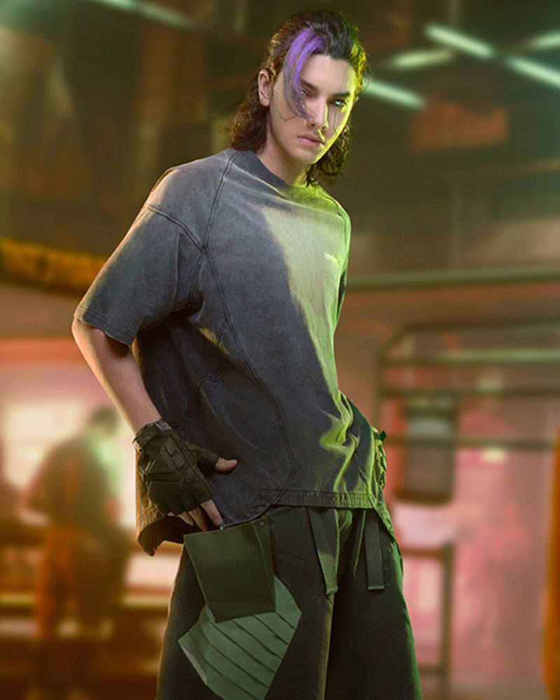 Cyberpunk Washed Distressed Asymmetrical Techwear T-Shirt