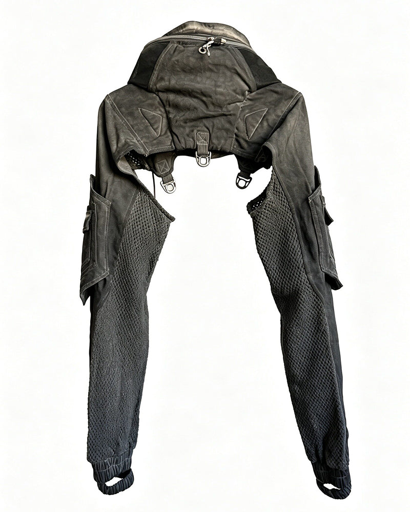 Post-Apocalyptic Hooded Mesh Color-Block Cape Jacket